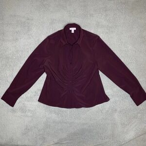 Calvin Klein L Women Purple Long Sleeve Button Up Collared Shirt Ruched Gem Tone